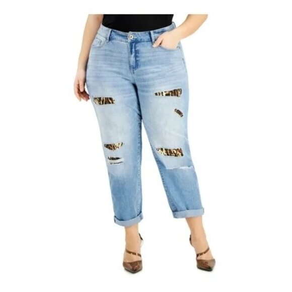 INC‎ Denim Mid Rise Boyfriend Jeans size 12/31 Distressed Leopard Patch - Picture 1 of 12